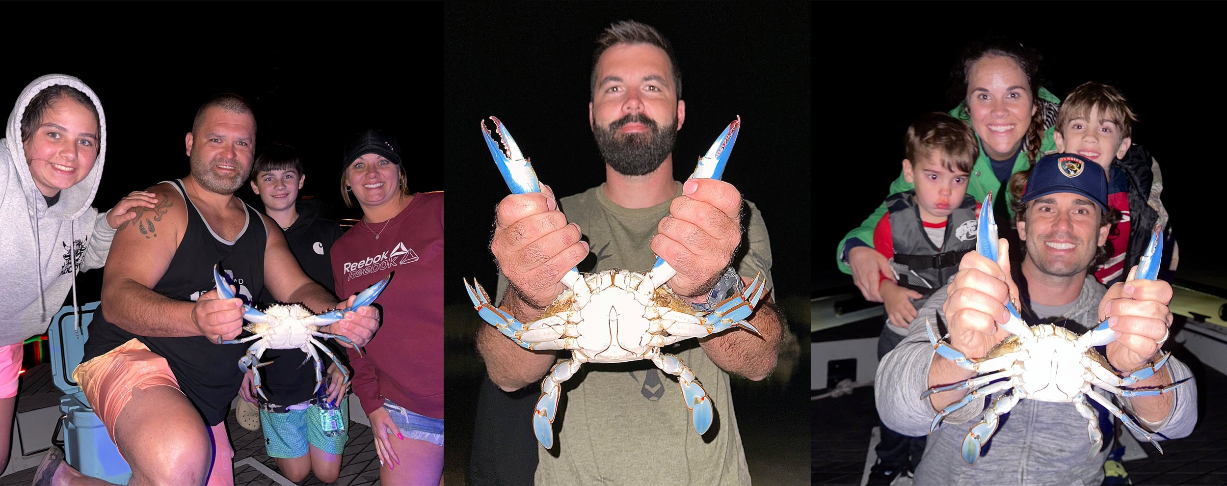 Collage of people holding large blue crabs at night.