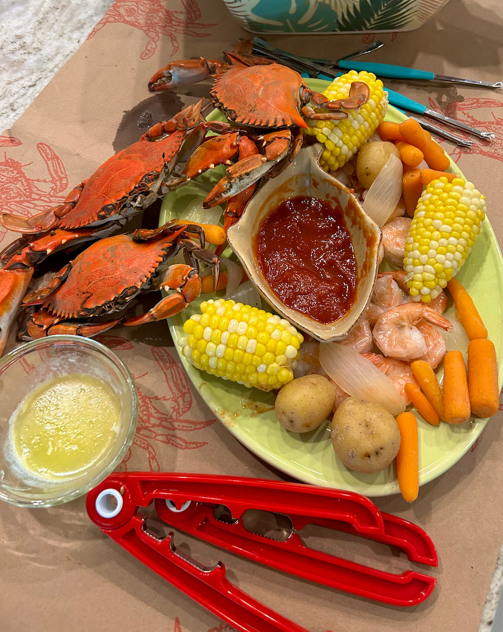 Blue Crabs prepared on table